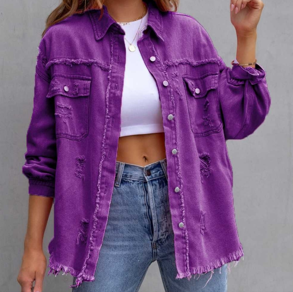 Oversized Distressed Denim Exposed Seam Button-Up Frayed Hem Jean Jacket Purple